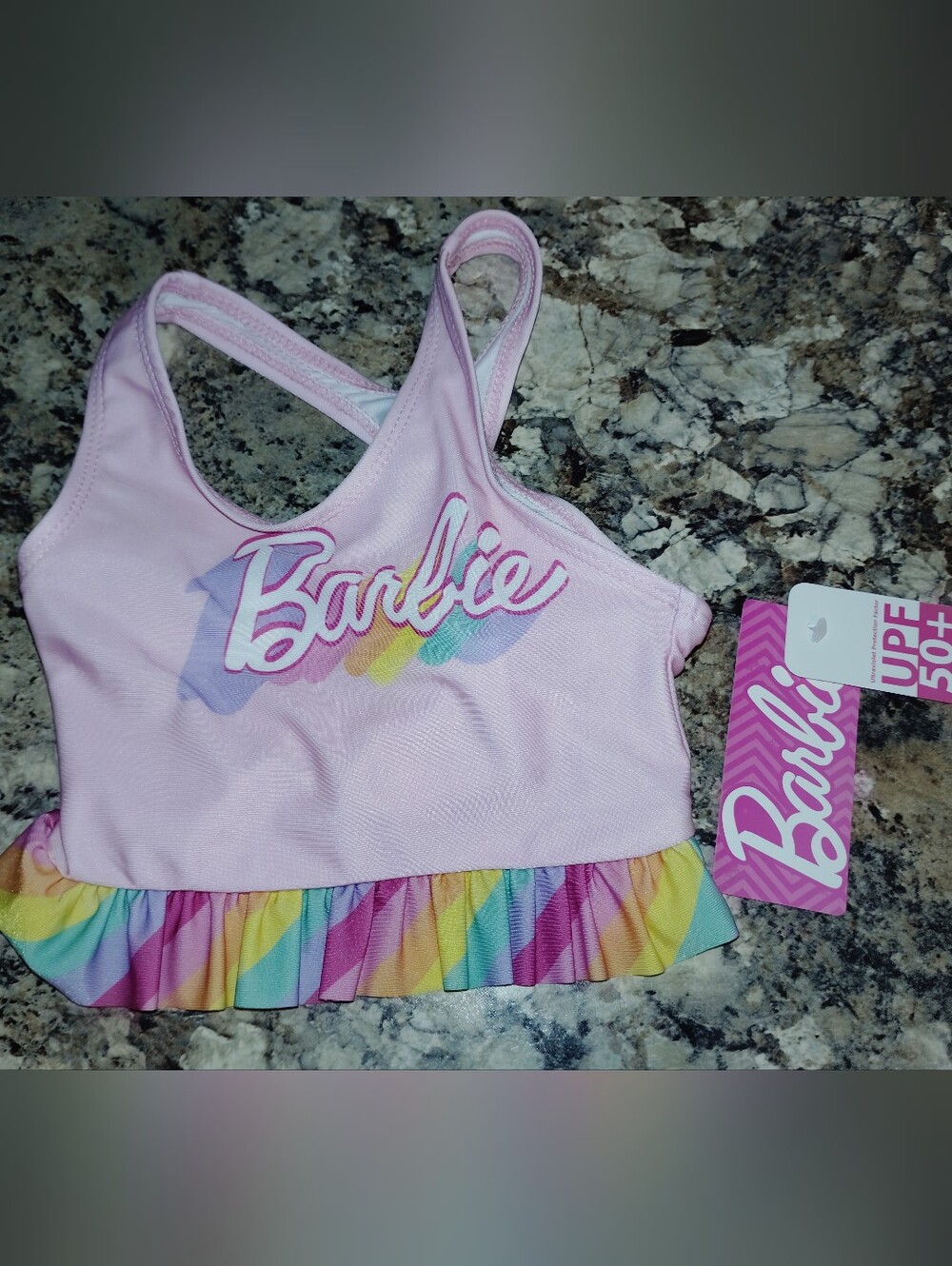 ✨ NWT 3t Barbie™ Girls UPF 50+ Pastel Rainbow Ruffle Swim Top - Picture 1 of 6